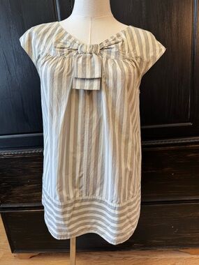 Striped Bow-Front Cap Sleeve Blouse in Cream, Off-White, and Blue